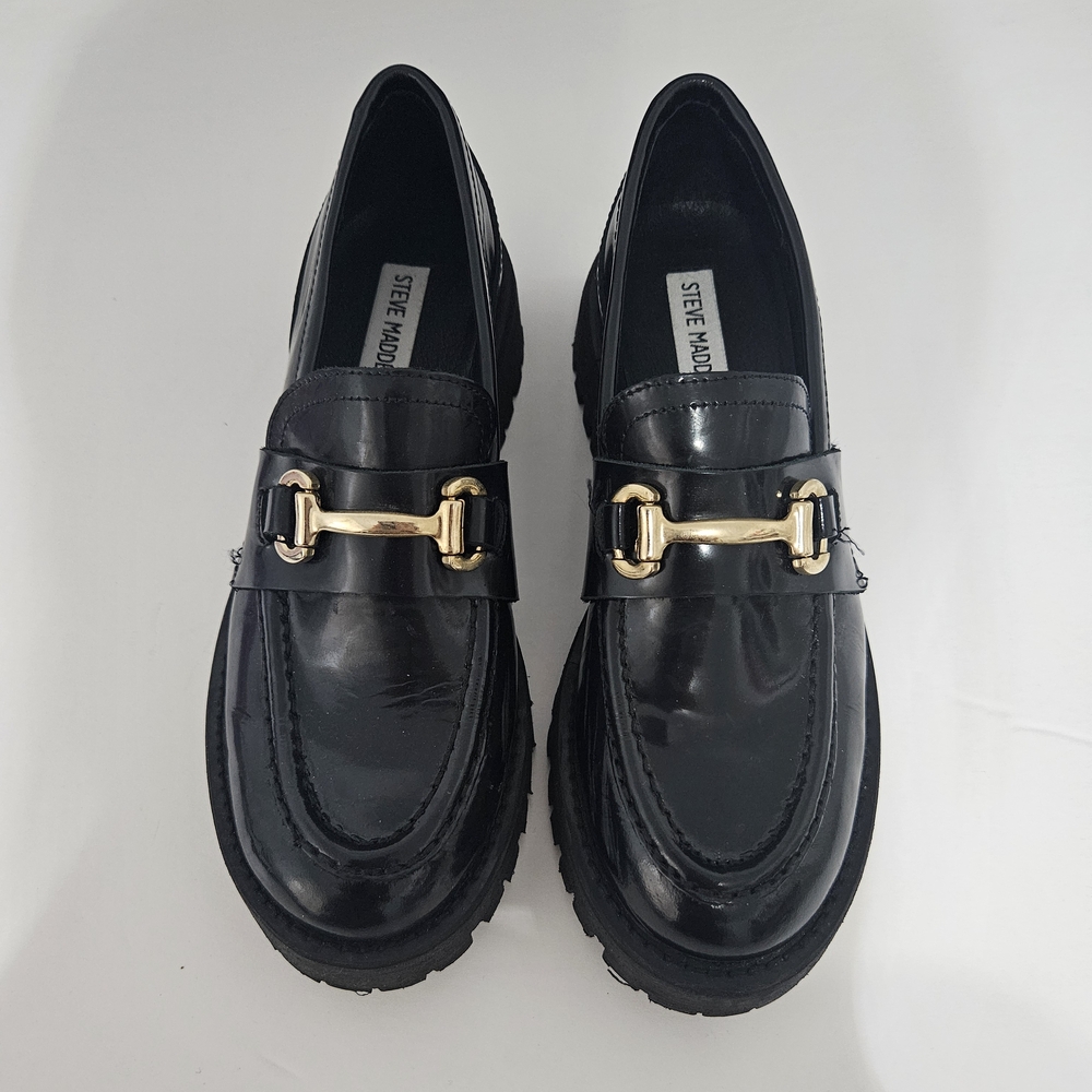 Steve Madden Lando Black Leather Loafers with Gold Buckle